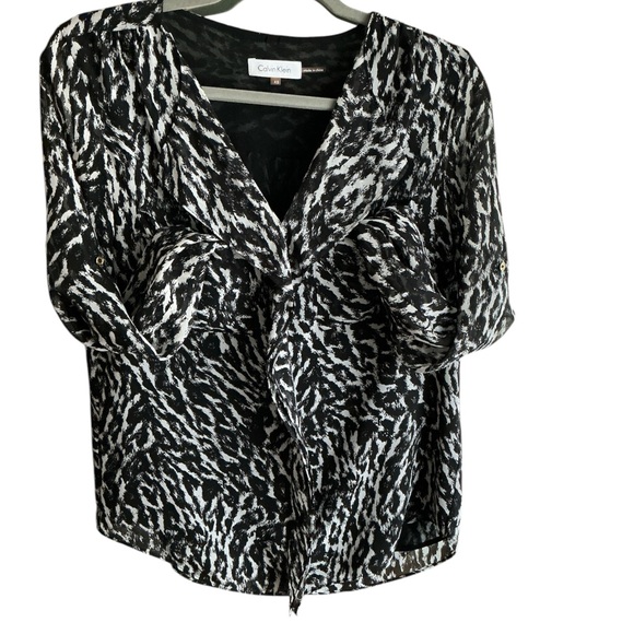 Calvin Klein Black and White Blouse - Tunic Women's Top with Rolled Sleeves XS - Picture 5 of 8